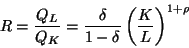 \begin{displaymath}R = \frac{Q_L}{Q_K} = \frac{\delta}{1 - \delta}\left(\frac{K}{L}\right)^{1+\rho}&#13;&#10;\end{displaymath}